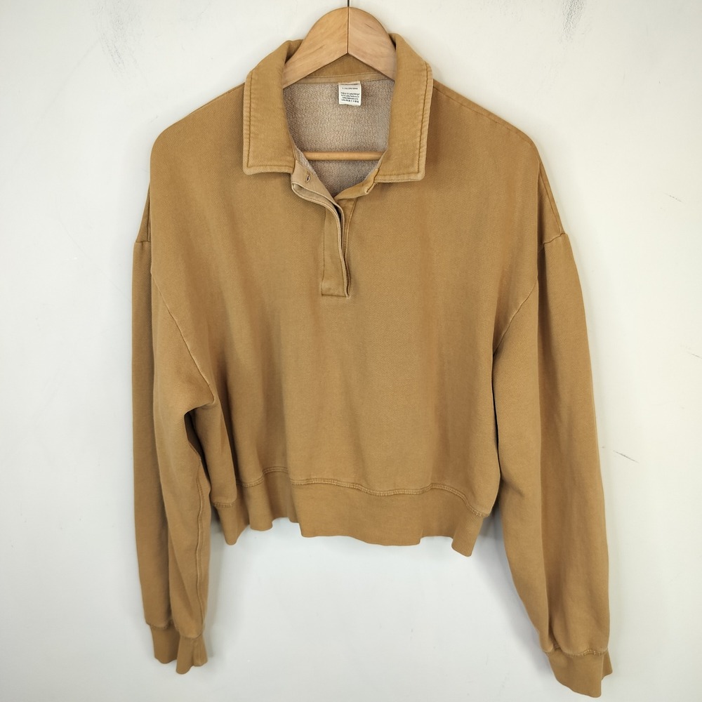 PINK Victoria's Secret Polo Sweatshirt Womens Large Cropped Collared Tan Fleece